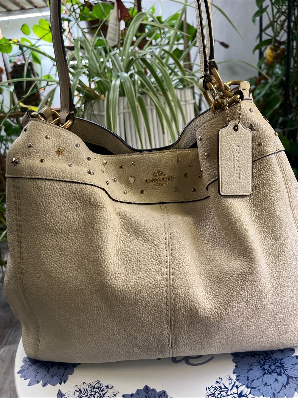 Coach Cream Pebbled Leather Shoulder Bag with Stud Accents